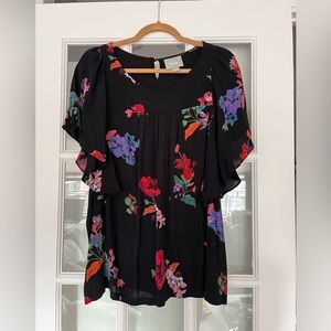 Anthropologie Maeve Short Sleeve Black Floral Ruffle Top XL